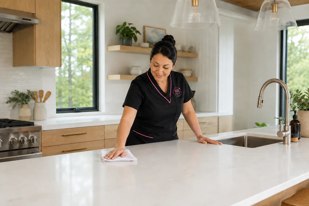 Professional recurring house cleaning in a bright residential kitchen